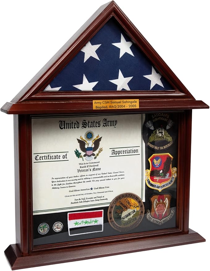 3x5 Flag Display Case with Certificate Holder - Customize Name Plate (Flag Box with Certificate) - Not for 5x9 Burial Flag