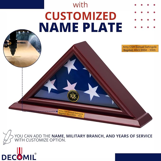 DECOMIL Flag Display Case for 3x5 Folded Flags, Flag Box Display case- NOT for Burial ( 5X9) Flag, Shadow Box Frame, with Armed Forces Emblems for Military and Patriots (Army)