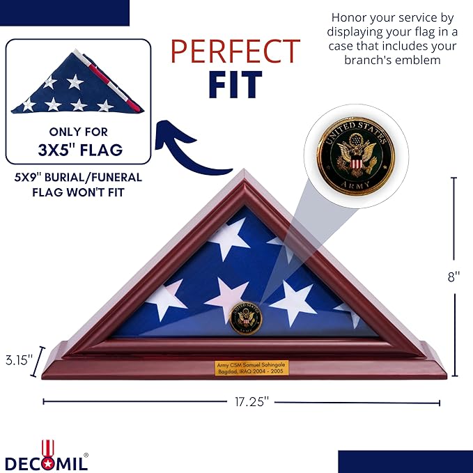 DECOMIL Flag Display Case for 3x5 Folded Flags, Flag Box Display case- NOT for Burial ( 5X9) Flag, Shadow Box Frame, with Armed Forces Emblems for Military and Patriots (Army)