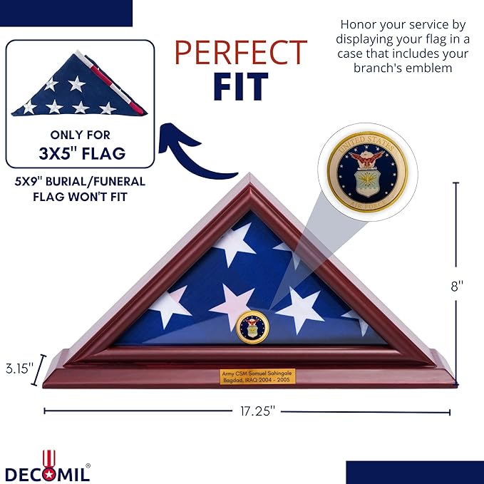 Flag Display Case for 3x5 Folded Flags, Flag Box Display case- NOT for Burial ( 5X9) Flag, Shadow Box Frame, with Armed Forces Emblems for Military and Patriots (AIR Force)