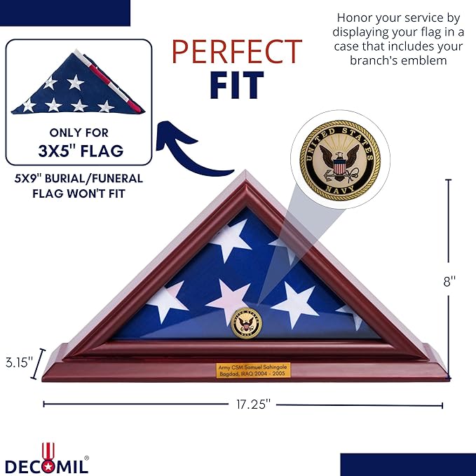 Flag Display Case for 3x5 Folded Flags, Flag Box Display case- NOT for Burial ( 5X9) Flag, Shadow Box Frame, with Armed Forces Emblems for Military and Patriots (Navy)