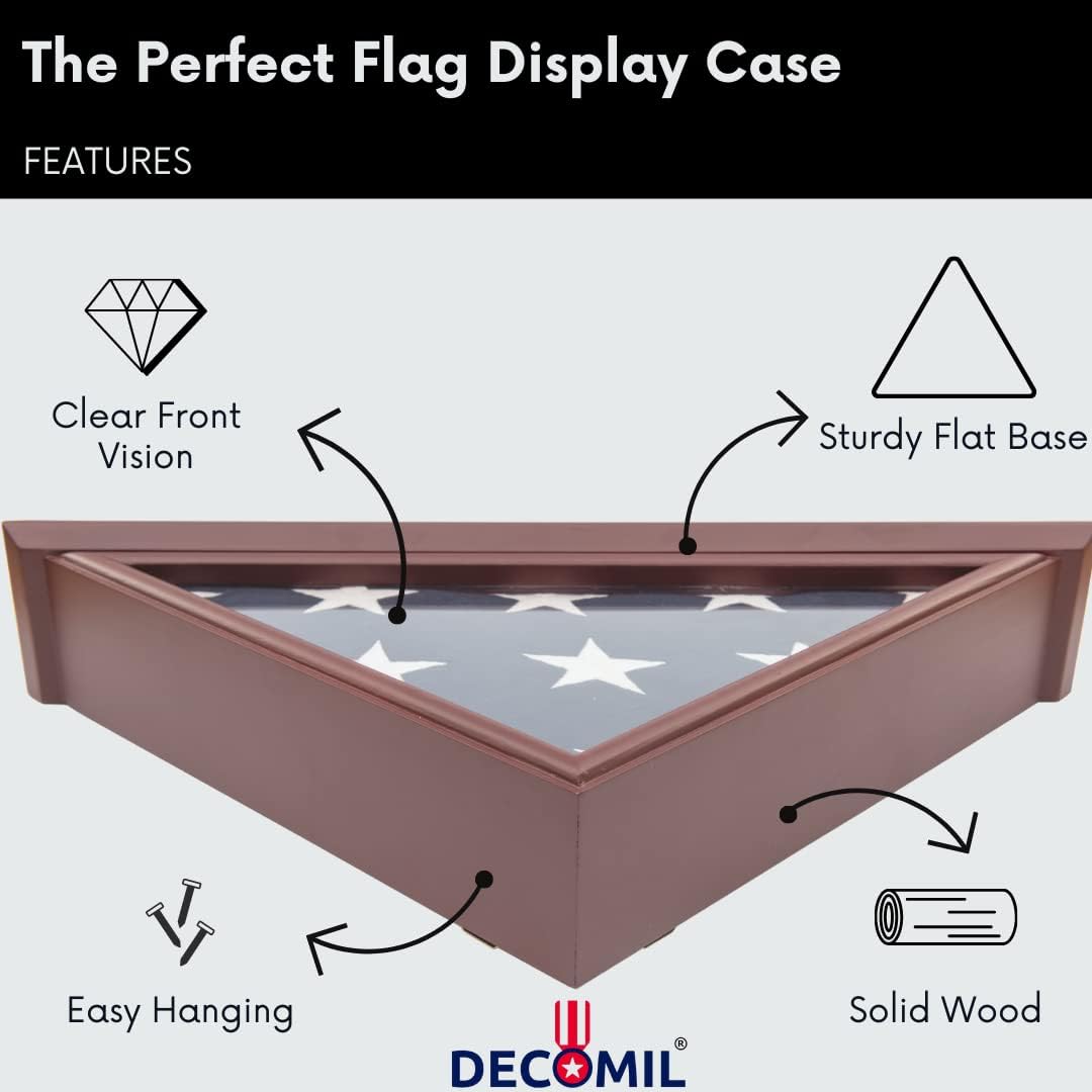 5x9 Flag Display Case for American Veteran Burial Flag - Wall Mounted Folded Flag Shadow Box with Clear Plexiglass Front, Solid Wood Cherry Finish