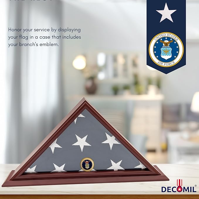 5'x9' Flag Display Case for American Veteran Burial Flag(Smallbase) - Solid Wood, Cherry Color- 4 Armed Forces Medal Options with A Custom Nameplate