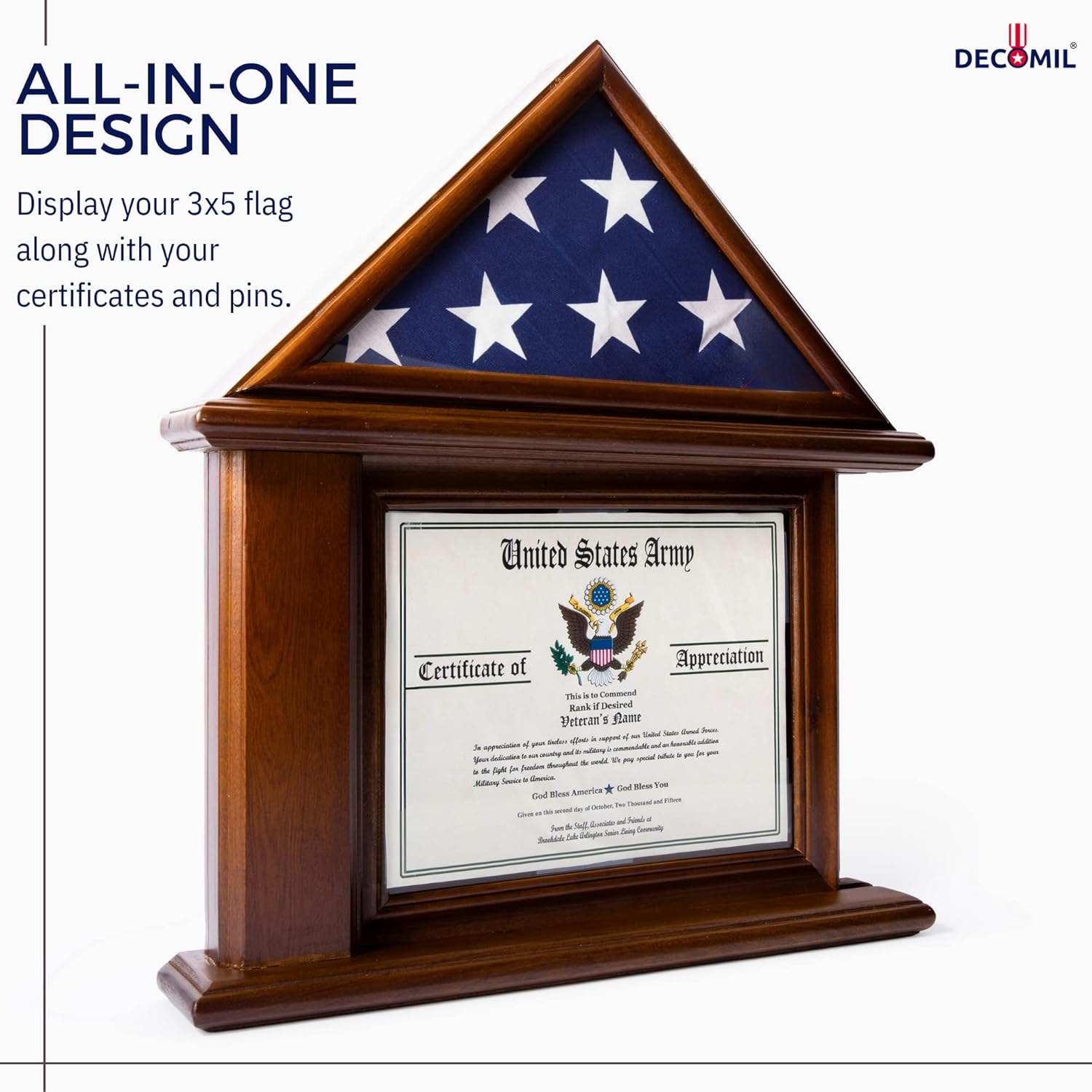 Flag Display Case with Certificate & Document Holder Frame - Walnut Finish