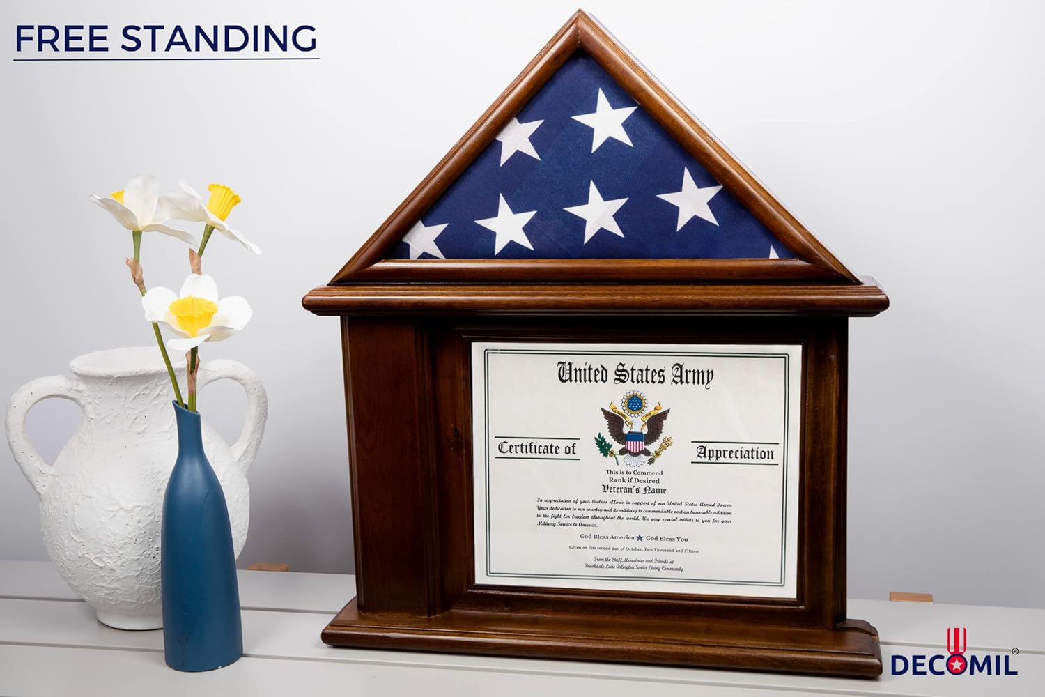 Flag Display Case with Certificate & Document Holder Frame - Walnut Finish