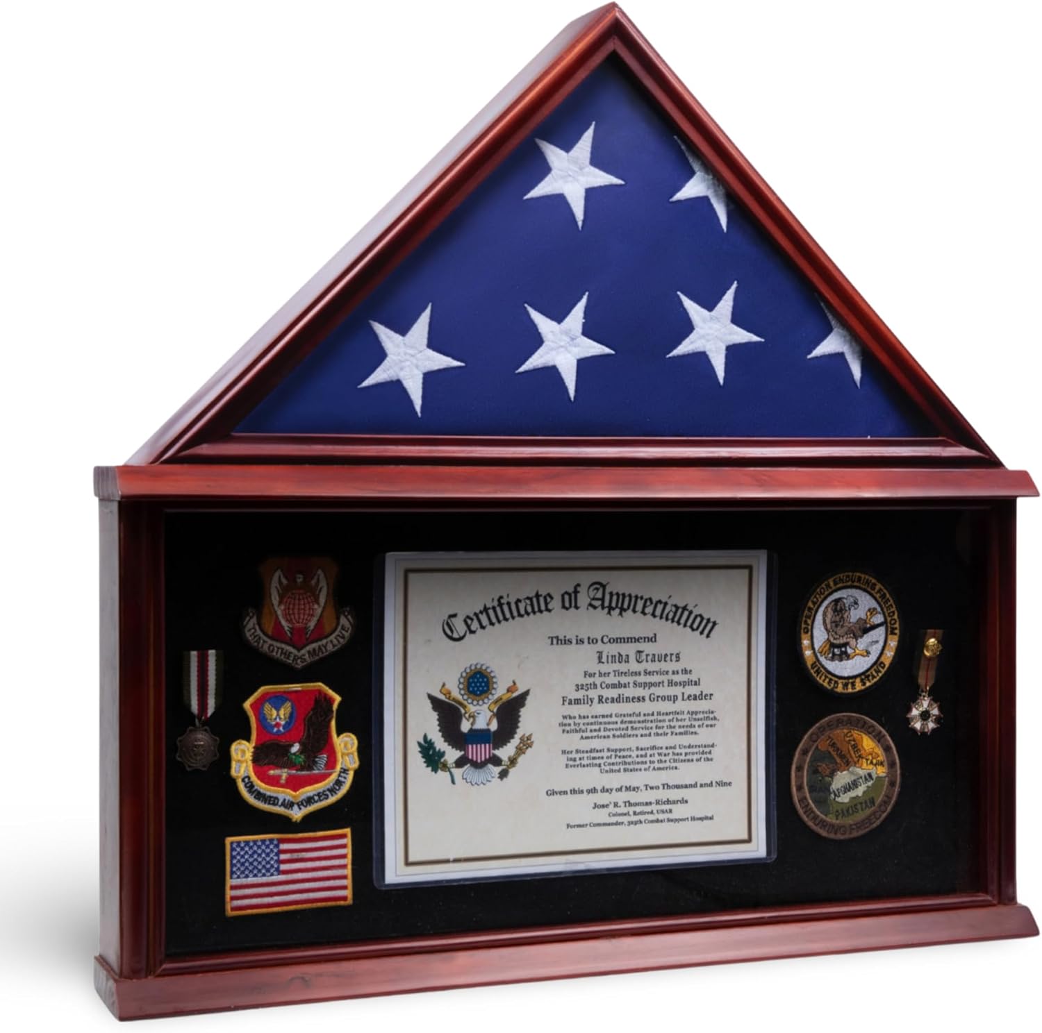 Large Military Shadow Box Frame Memorial Burial Funeral Flag Display Case for 5x9 Flag - Solid Wood (Mahogany)