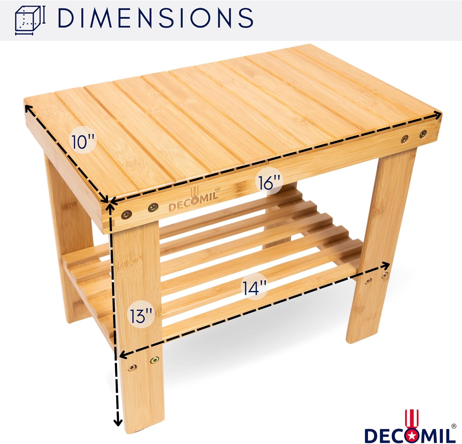 Bamboo Shower Bench 16” - Foot Rest Shaving Stool with Storage Shelf | Nonslip Feet & Waterproof Design