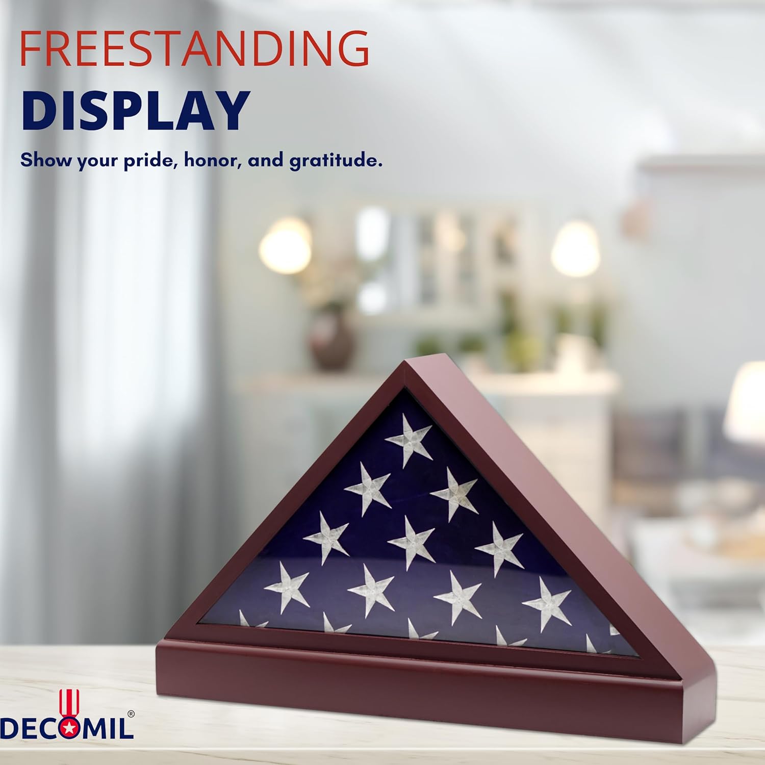 Burial Flag Display Case with Pedestal - Solid Wood Cherry Finish for 5x9 Flags