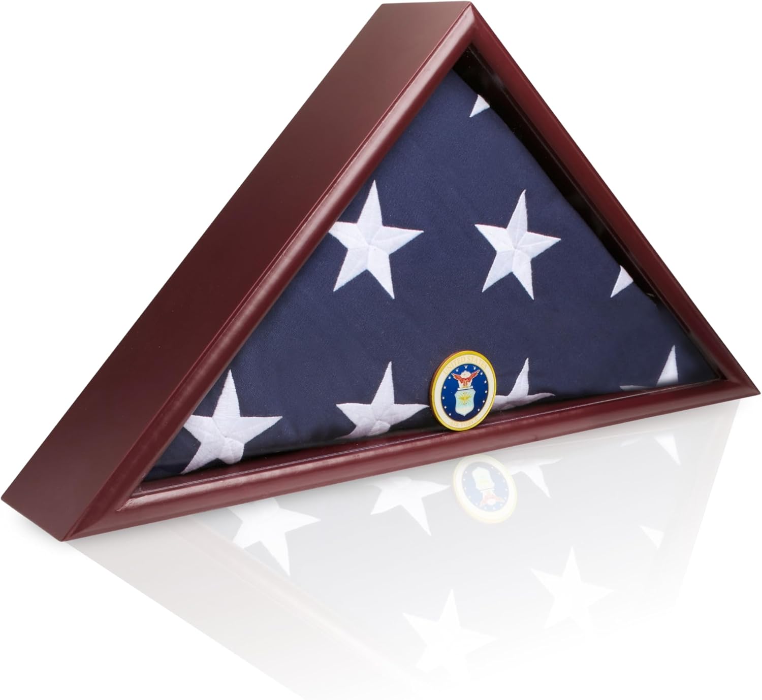 American Veteran Burial Flag Display Case with Flat Base and Armed Forces Emblems - Fits 5x9 Flag