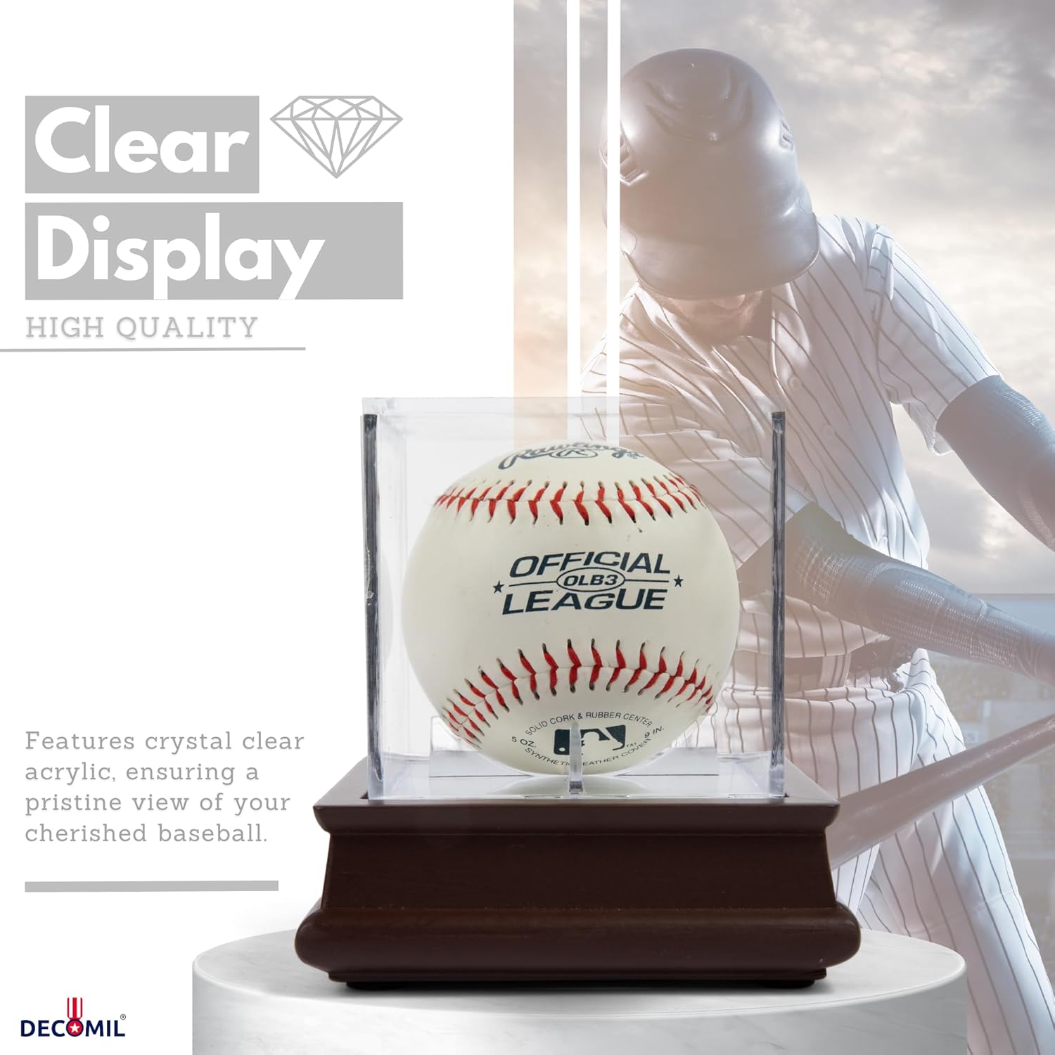 Single Baseball Display Case, Holder - UV Protection Acrylic Cube with Wooden Stand (Cherry Finish)