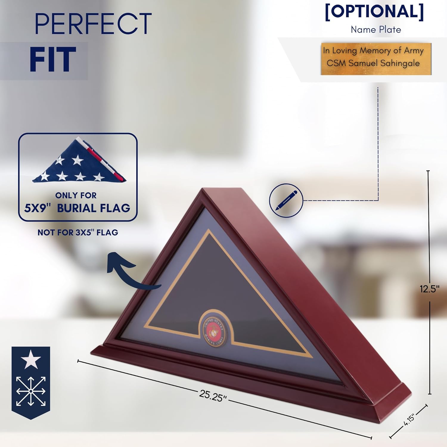 Burial Flag Display Case, Veteran Flag Display - Solid Wood Cherry Finish with UV-Protected Plexiglass and Optional Customizable Nameplate