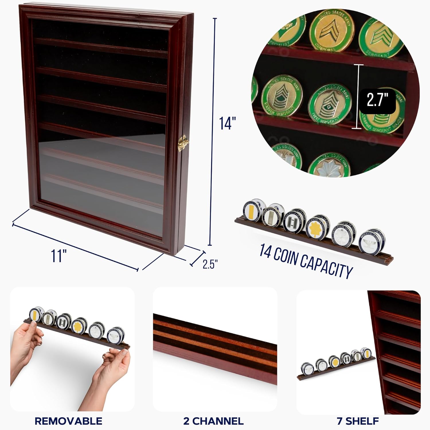 Military Challenge Coin Holder Cabinet with Lockable Glass Door - Holds 56 Coins