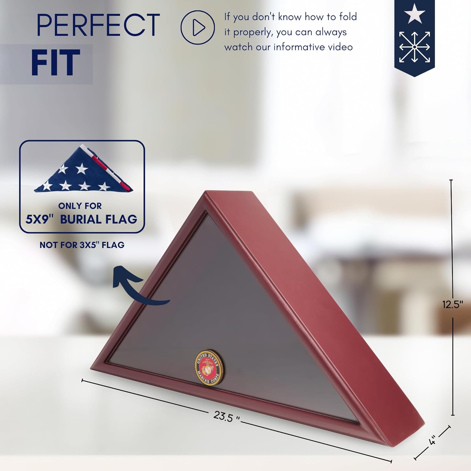 American Veteran Burial Flag Display Case with Flat Base and Armed Forces Emblems - Fits 5x9 Flag