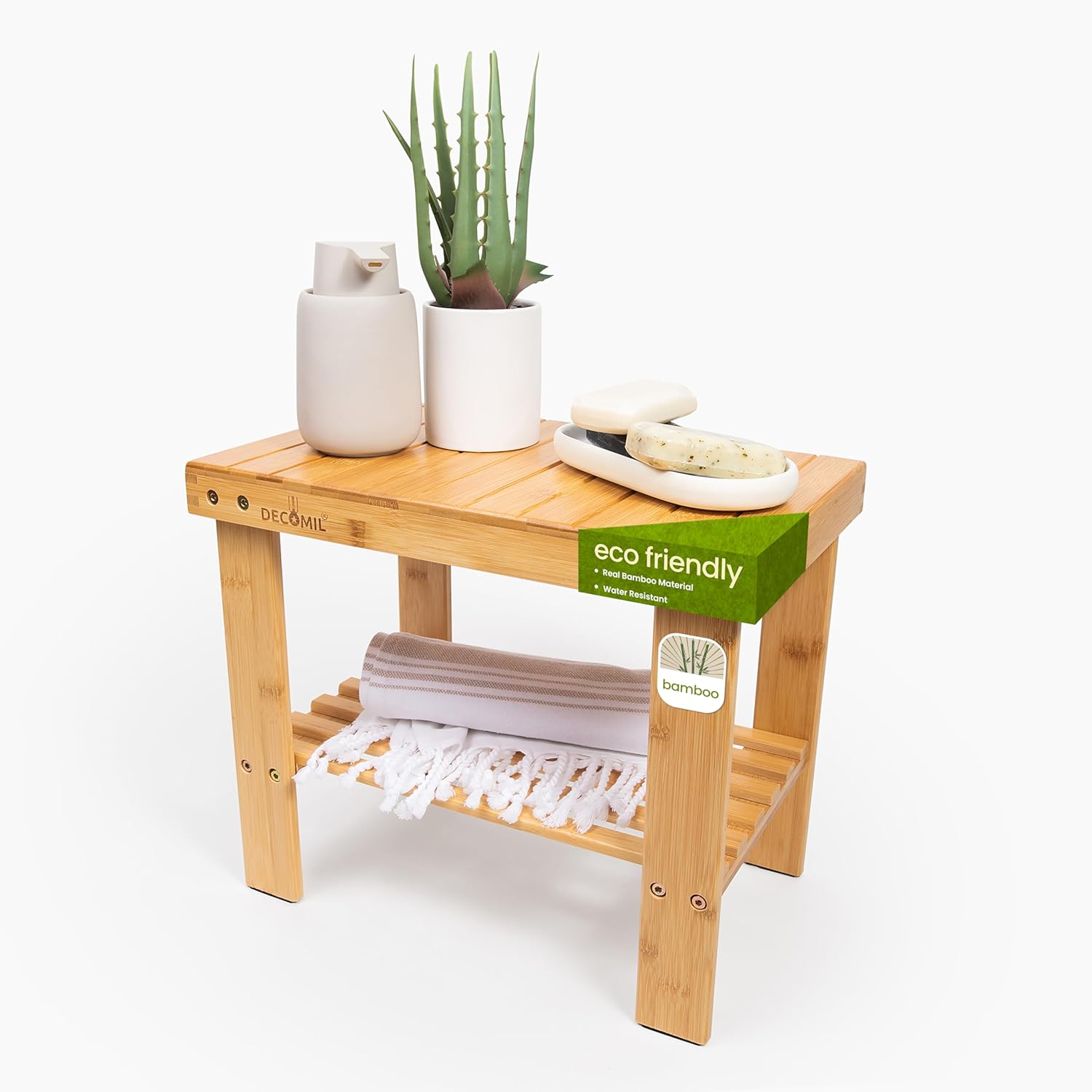 Bamboo Shower Bench 16” - Foot Rest Shaving Stool with Storage Shelf | Nonslip Feet & Waterproof Design