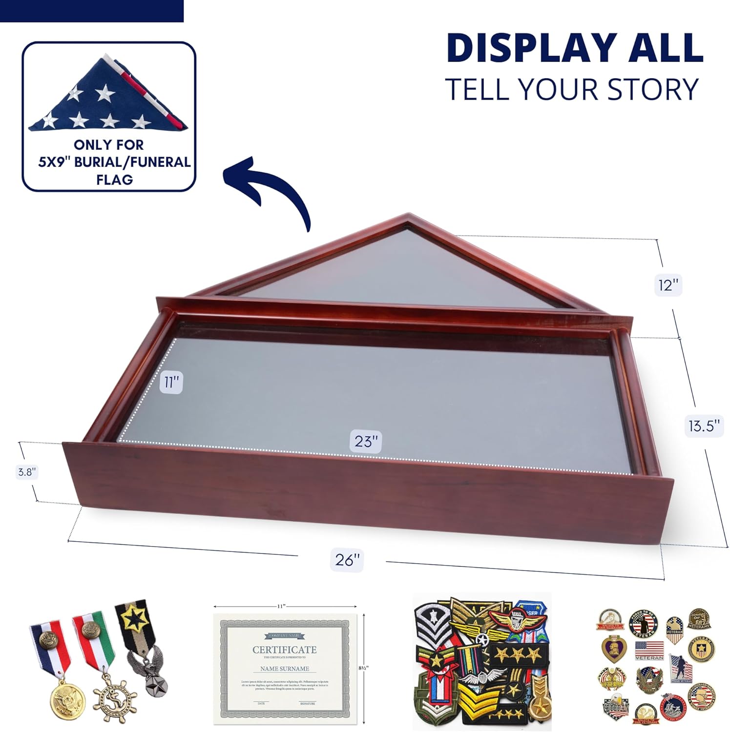 Large Military Shadow Box Frame Memorial Burial Funeral Flag Display Case for 5x9 Flag - Solid Wood (Mahogany)