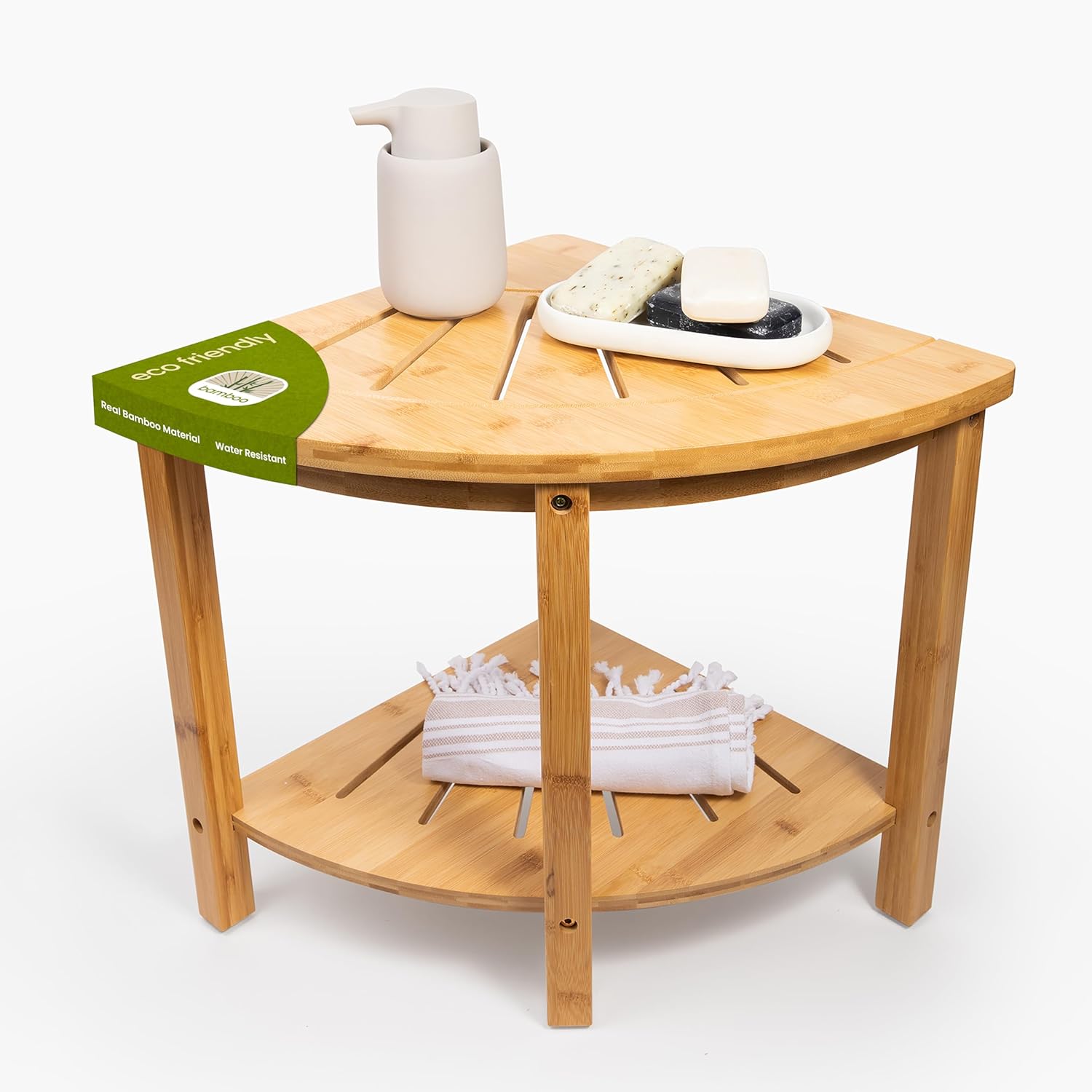 Bamboo Corner Shower Bench with Storage Shelf - Nonslip Feet & Waterproof Design