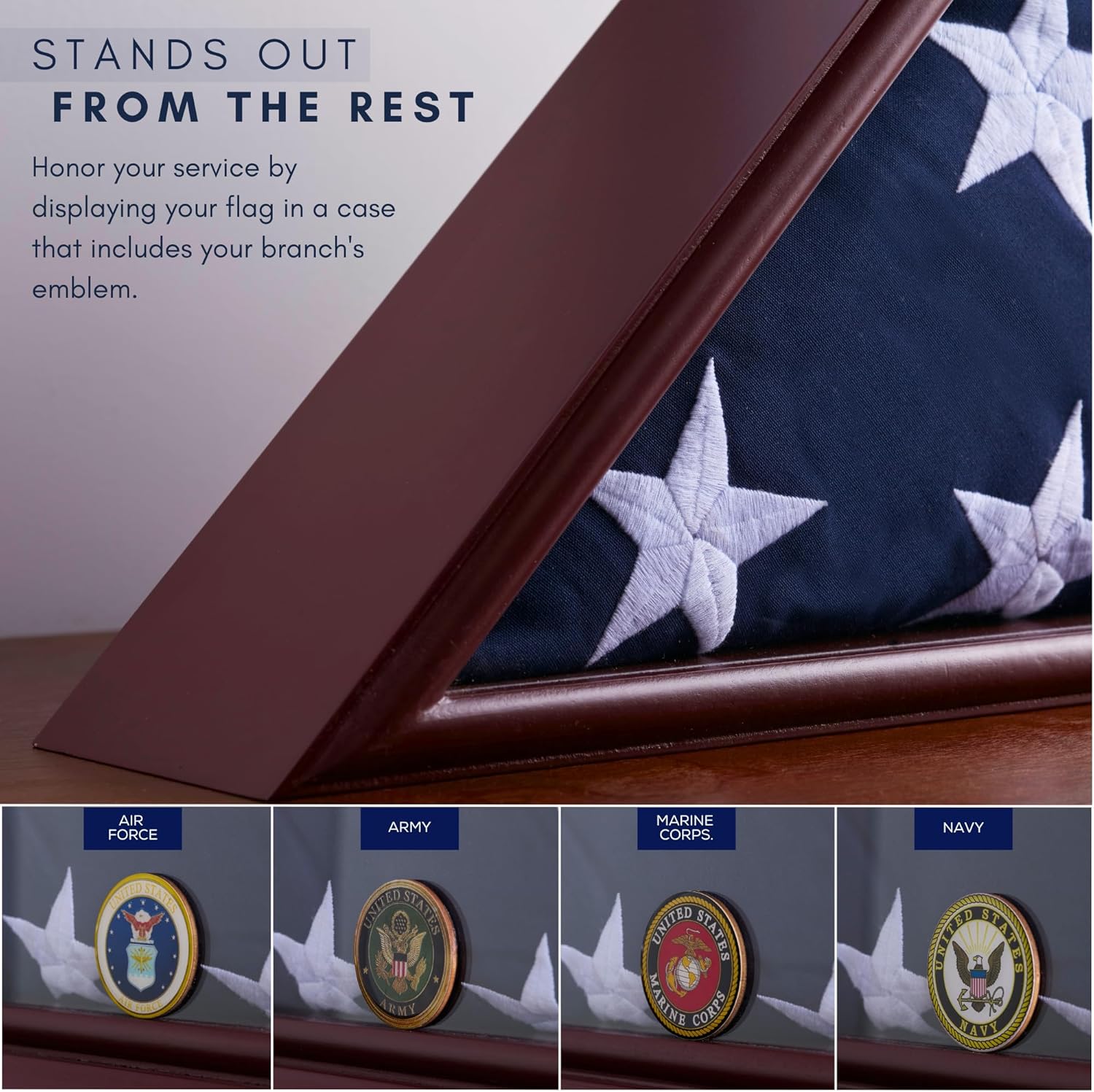 American Veteran Burial Flag Display Case with Flat Base and Armed Forces Emblems - Fits 5x9 Flag