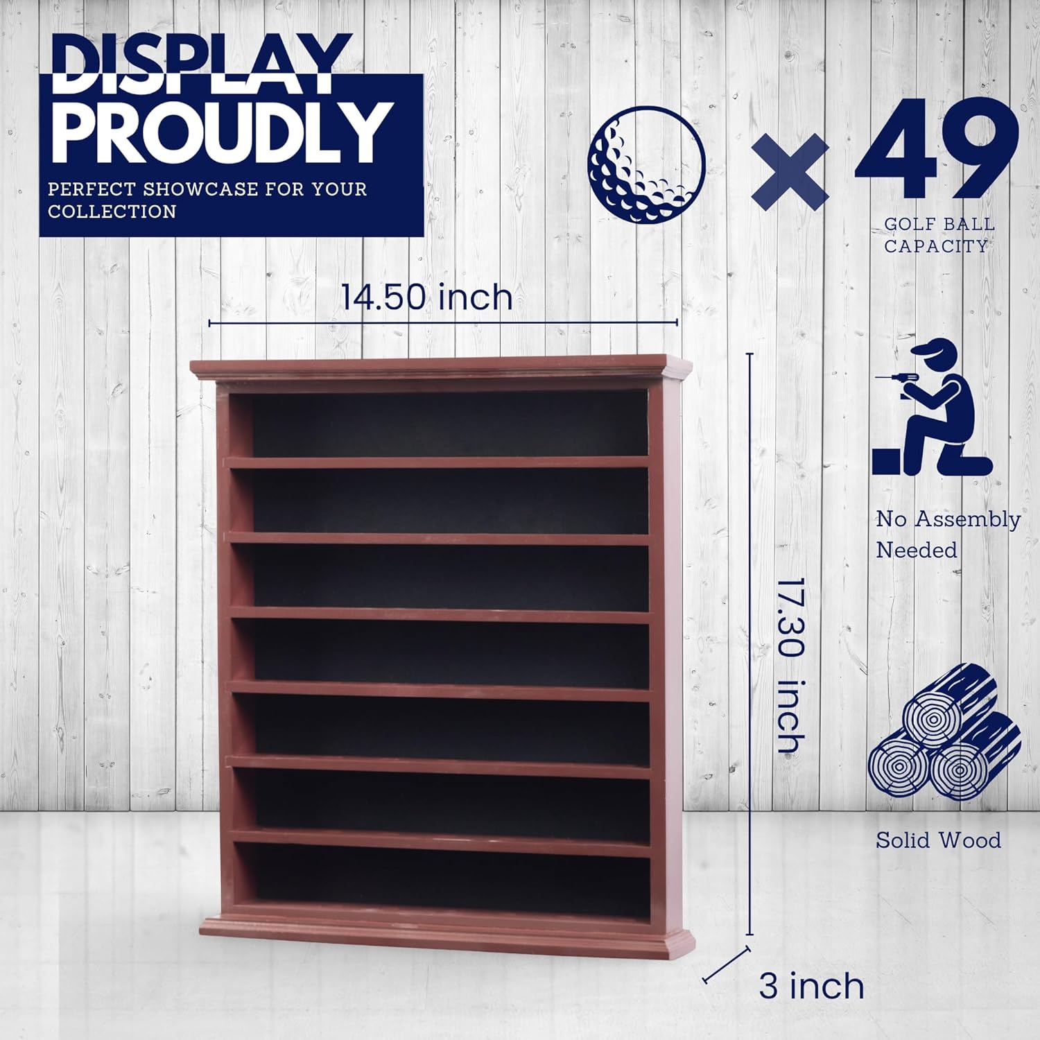 49 Golf Ball Display Case Cabinet Wall Rack Holder - No Door (Cherry Finish)