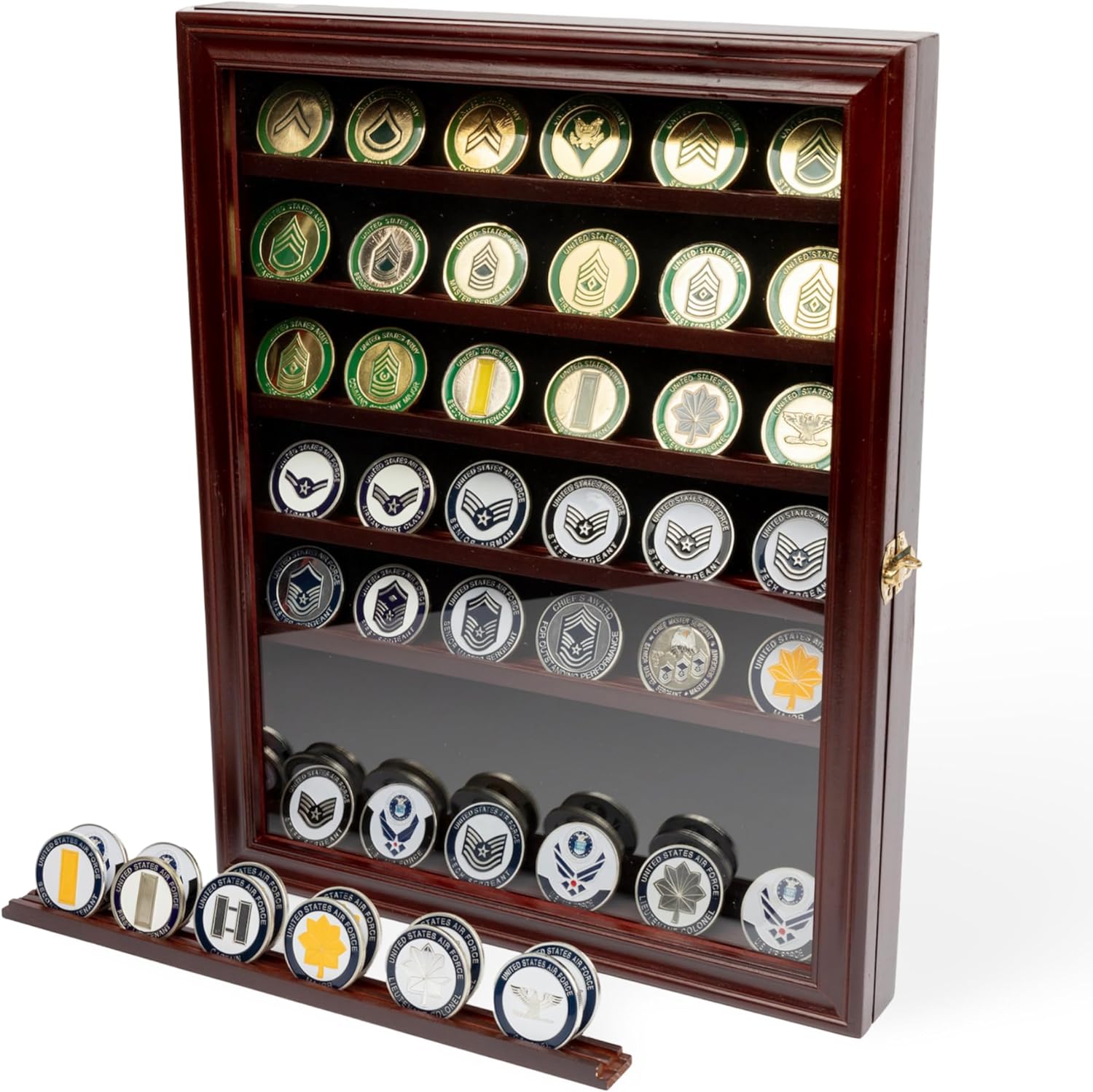 Military Challenge Coin Holder Cabinet with Lockable Glass Door - Holds 56 Coins