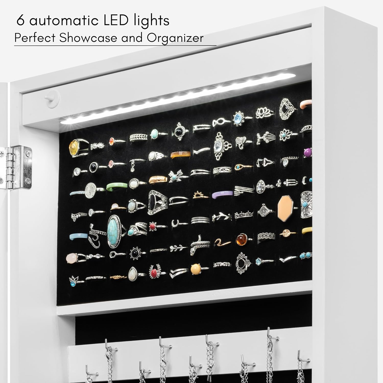 LED Light Jewelry Cabinet Armoire with Mirror - 57" Tall Free-Standing Jewelry Organizer with 3 Adjustable Angles