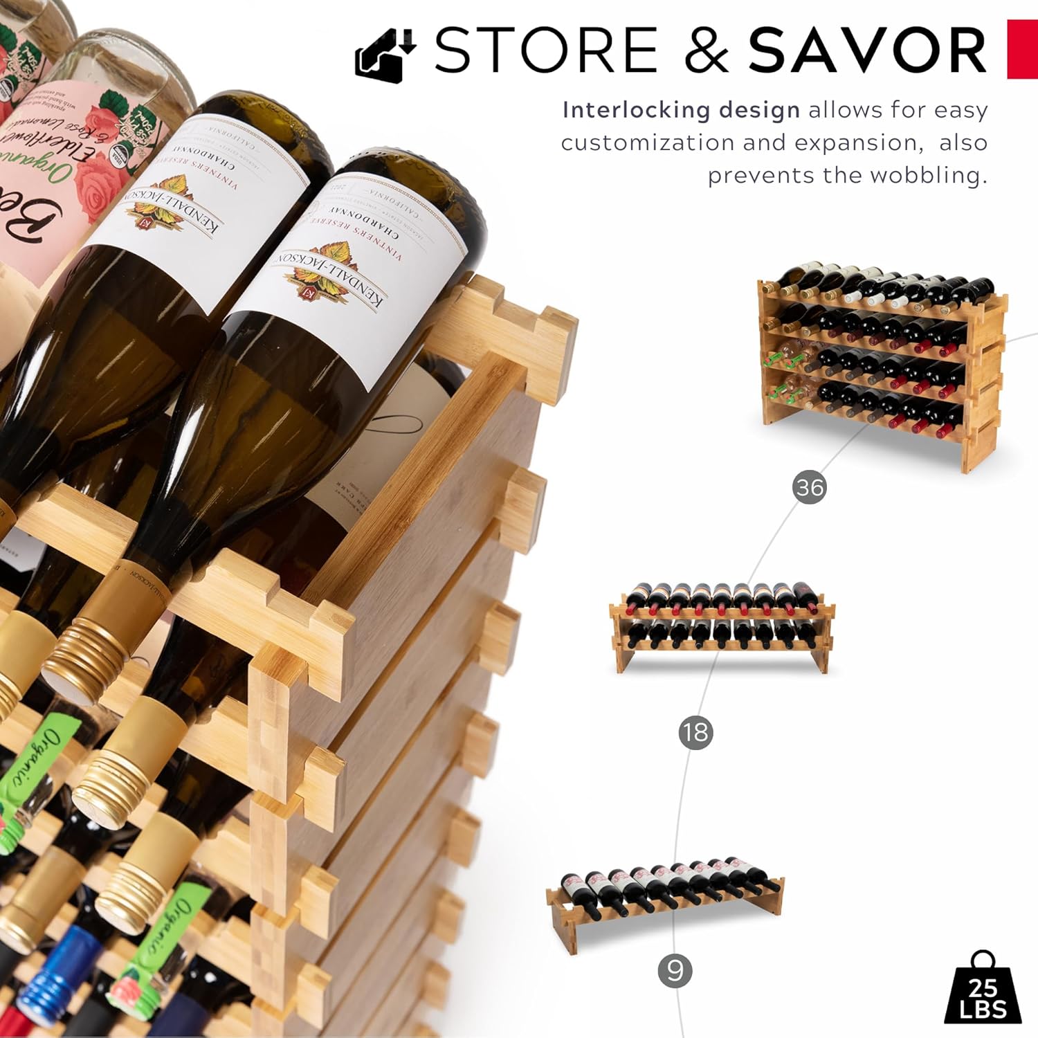 72 Bottle Wine Rack Stackable Modular Bamboo Wine Rack