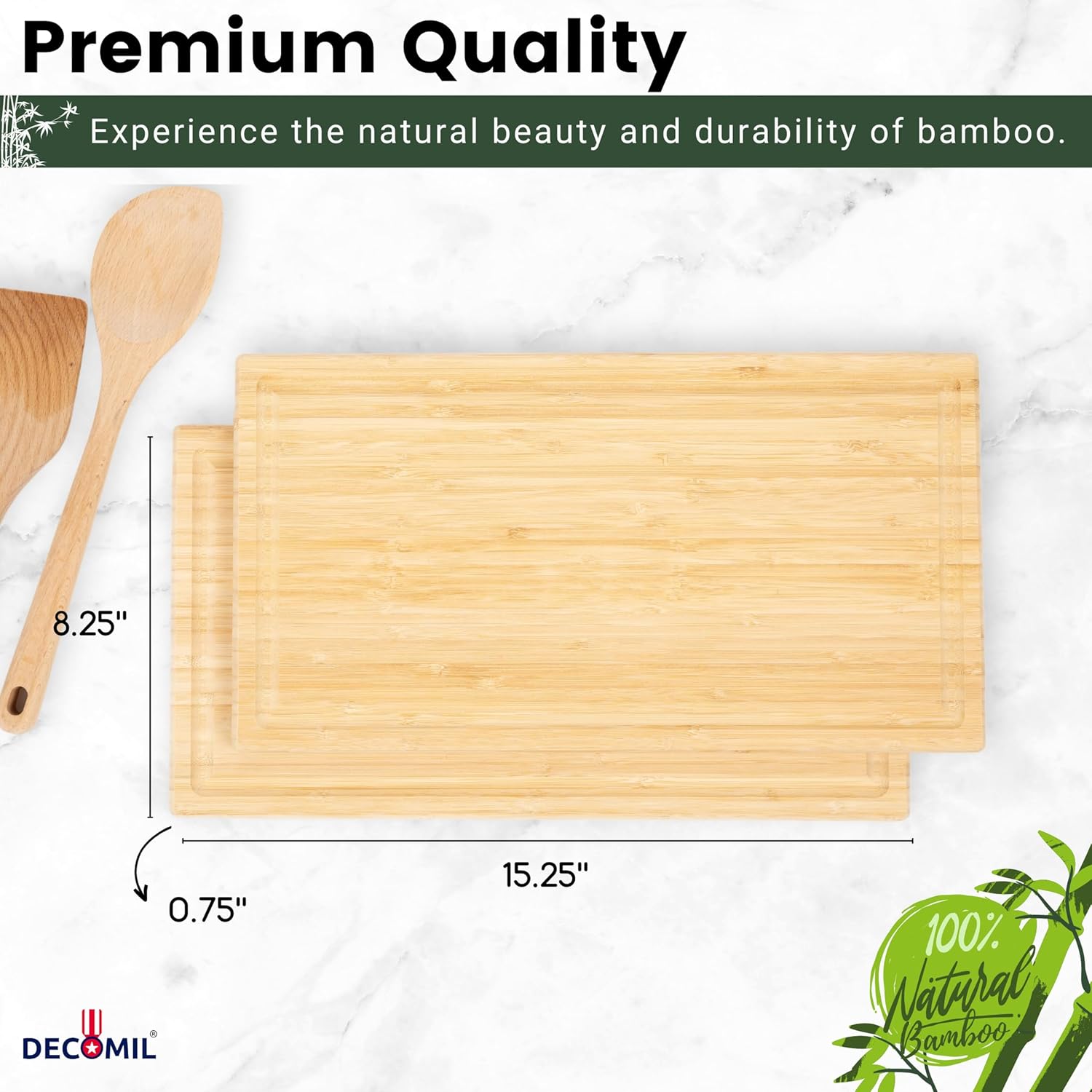 Bamboo Wood Cutting Board Set of 2 - 15.25 x 8.25 Inch Versatile Chopping and Serving Boards