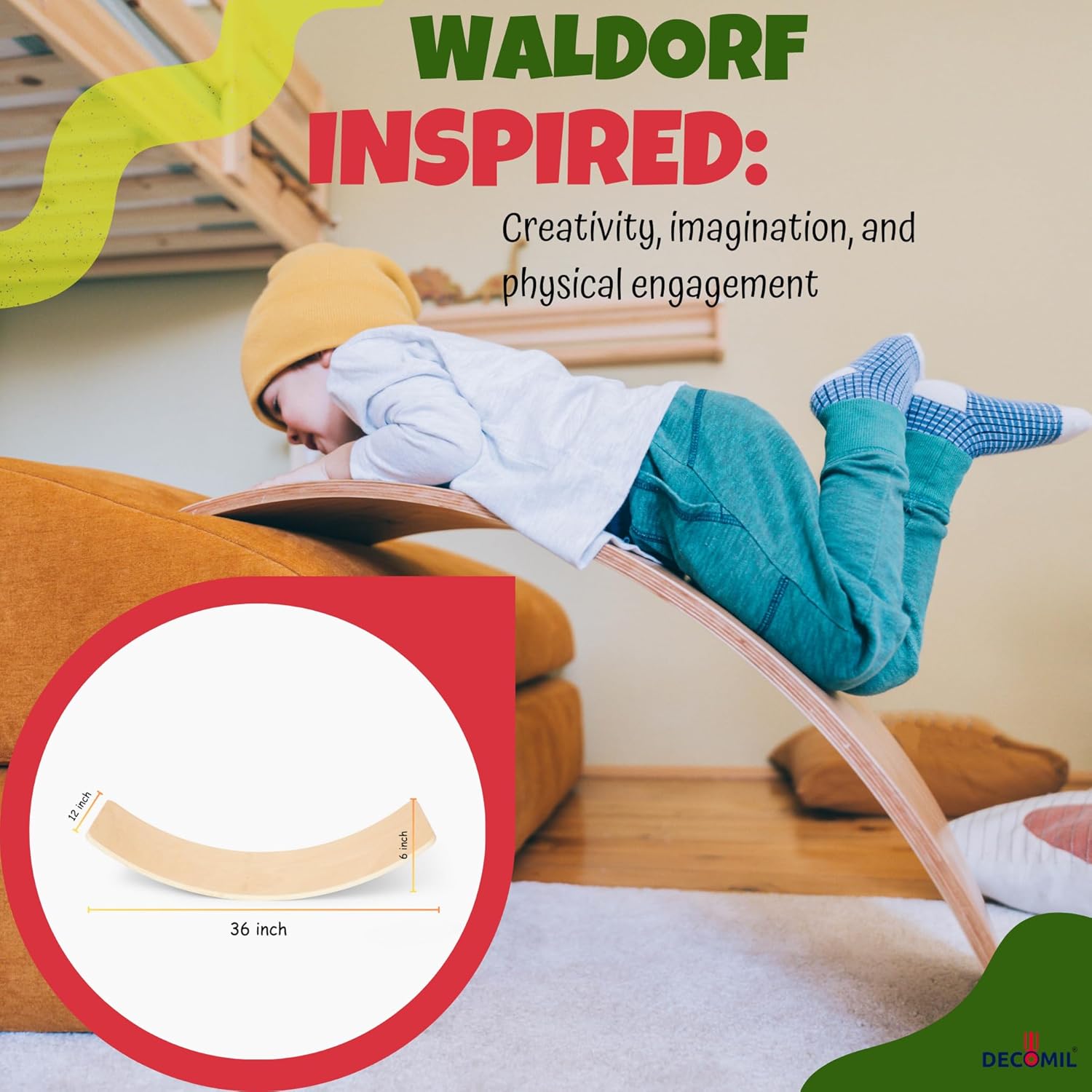 Balance Board for Kids - Natural Bamboo Wobble Board, Waldorf-Inspired Wooden Rocker for Yoga, Exercise, and Imaginative Play