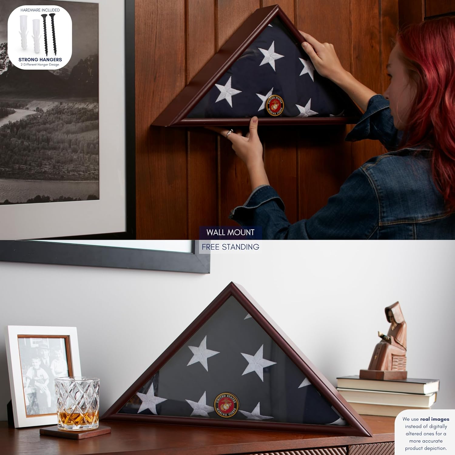 American Veteran Burial Flag Display Case with Flat Base and Armed Forces Emblems - Fits 5x9 Flag