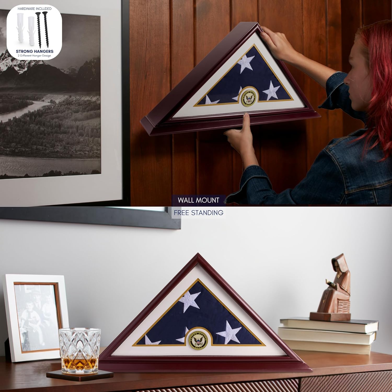 Burial Flag Display Case - Veteran Flag Display with Customizable Brass Nameplate (Navy)