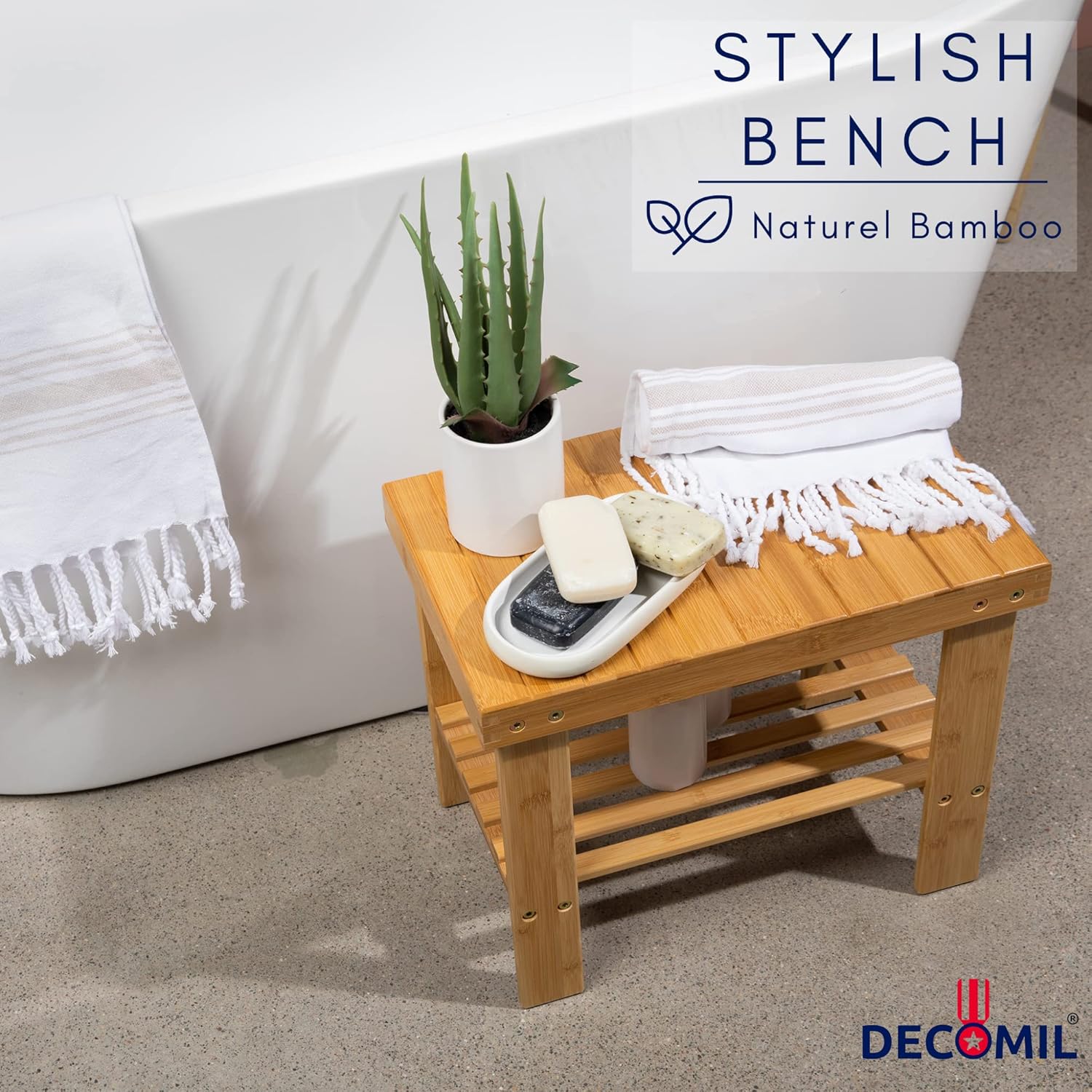 Bamboo Shower Bench 16” - Foot Rest Shaving Stool with Storage Shelf | Nonslip Feet & Waterproof Design