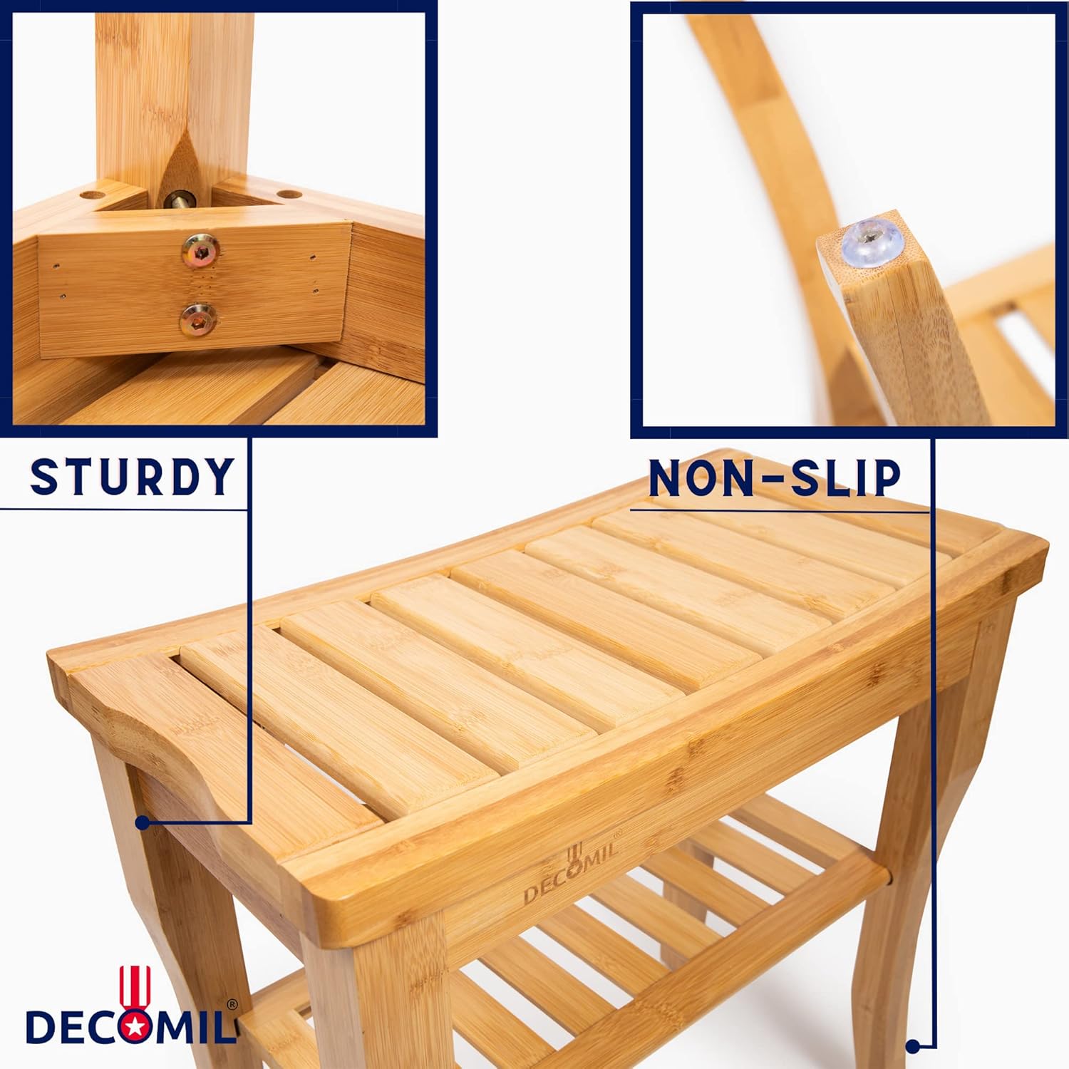 Bamboo Shower Bench 19” - Bathroom Shower Chair with Storage Shelf | Nonslip Feet & Waterproof Design