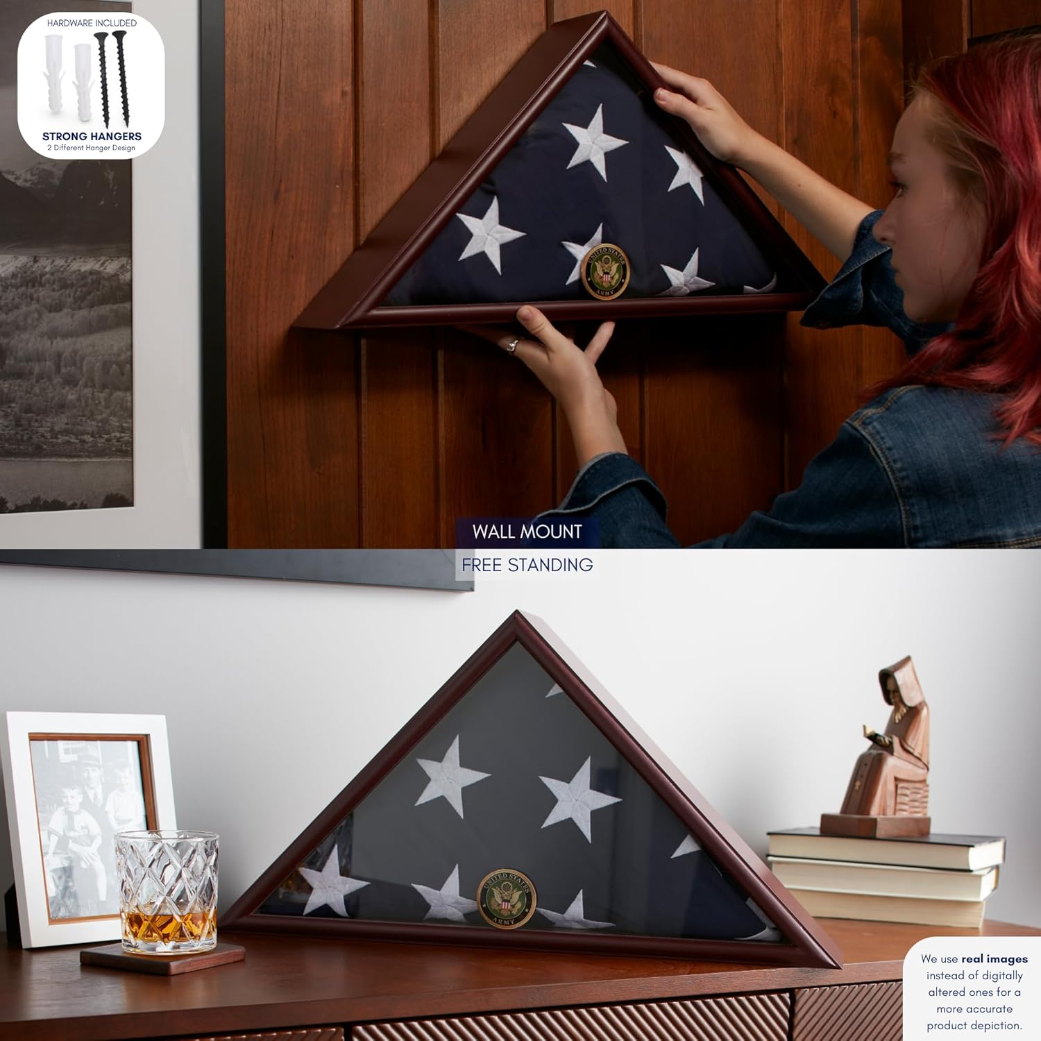 American Veteran Burial Flag Display Case with Flat Base and Armed Forces Emblems - Fits 5x9 Flag