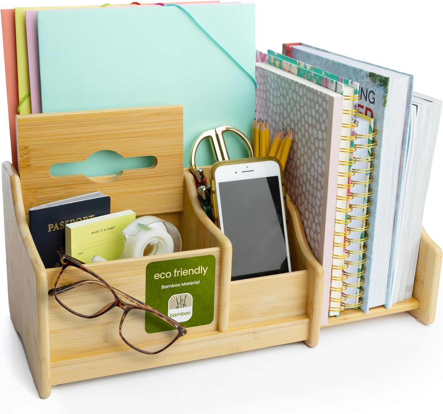 Bamboo Desk Organizer - Wood Desktop Shelf for Office Supplies Storage | Multifunctional and Elegant Office Decor