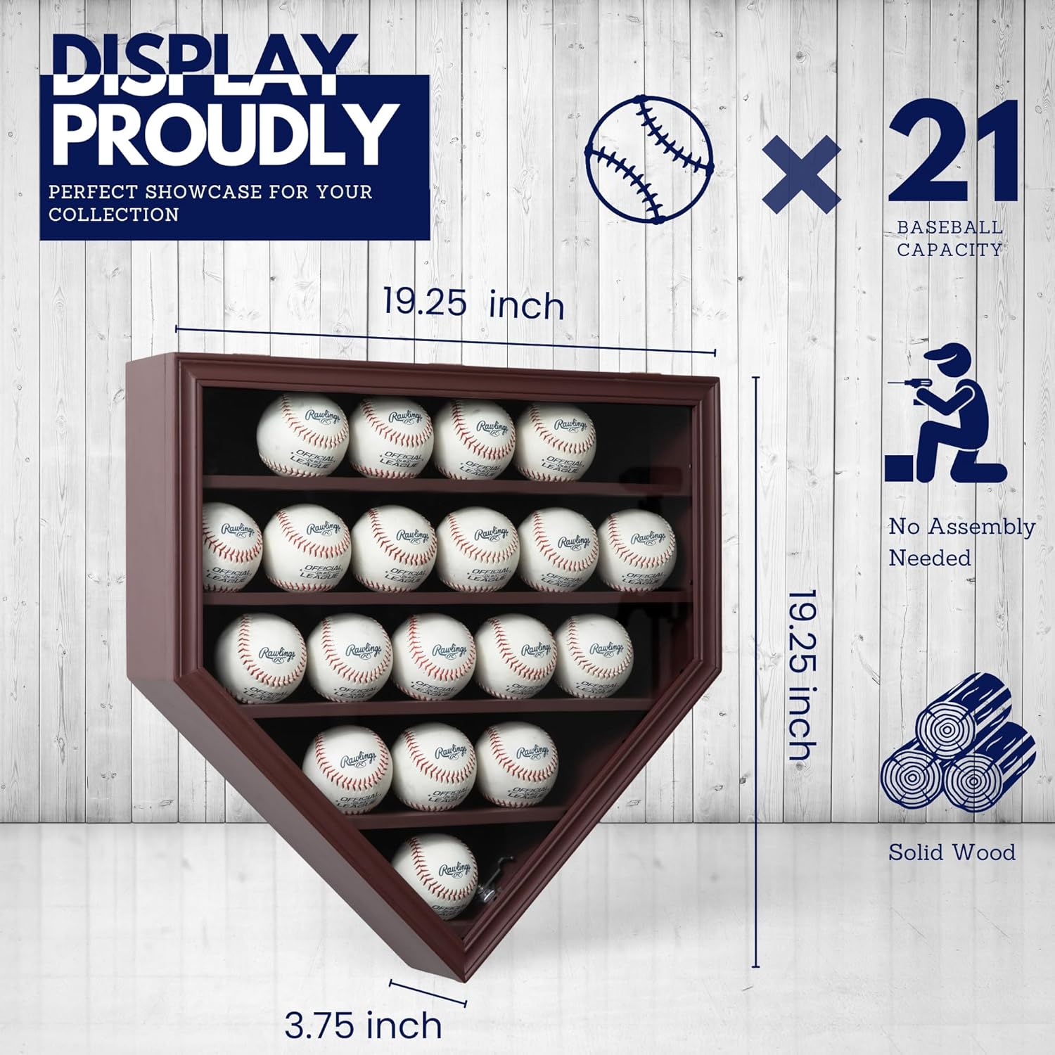 Baseball Display Case, Large Baseball Holder - Shadow Box for 21 Baseball Display with UV Glass Protection and Wooden Frame