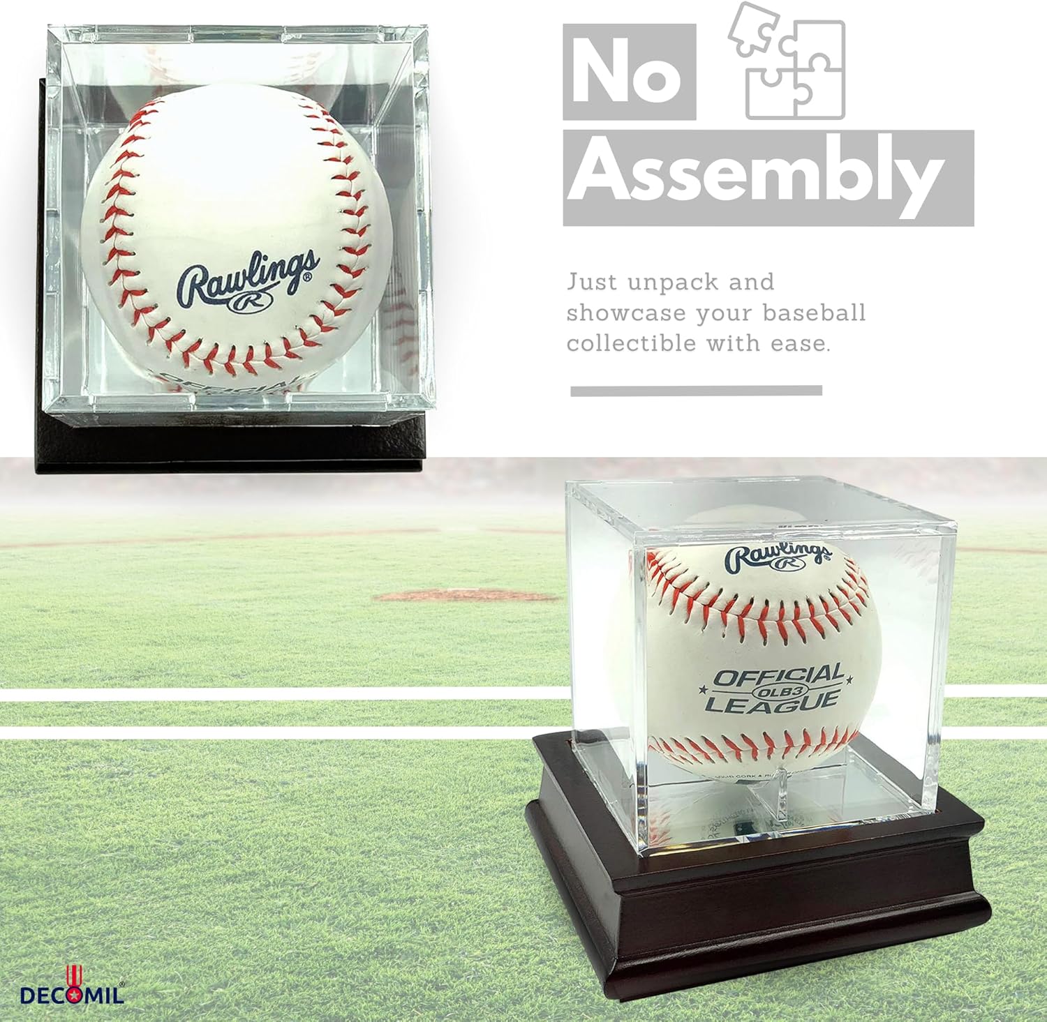 Single Baseball Display Case, Holder - UV Protection Acrylic Cube with Wooden Stand (Cherry Finish)