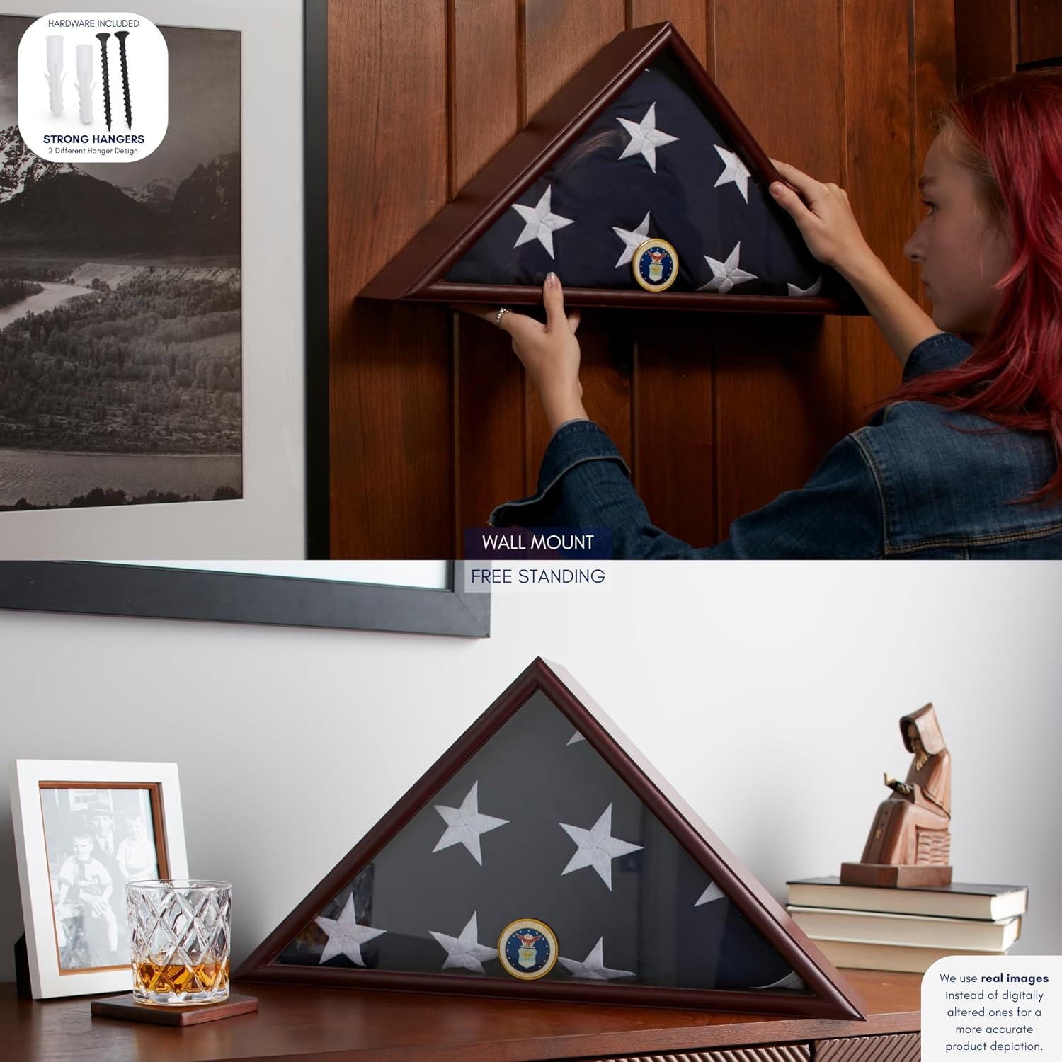 American Veteran Burial Flag Display Case with Flat Base and Armed Forces Emblems - Fits 5x9 Flag