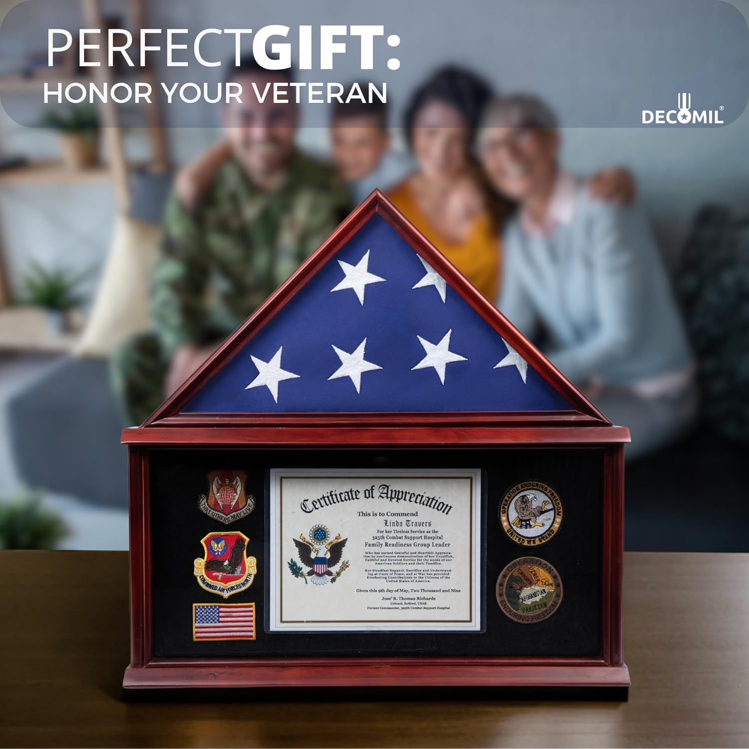 Large Military Shadow Box Frame Memorial Burial Funeral Flag Display Case for 5x9 Flag - Solid Wood (Mahogany)