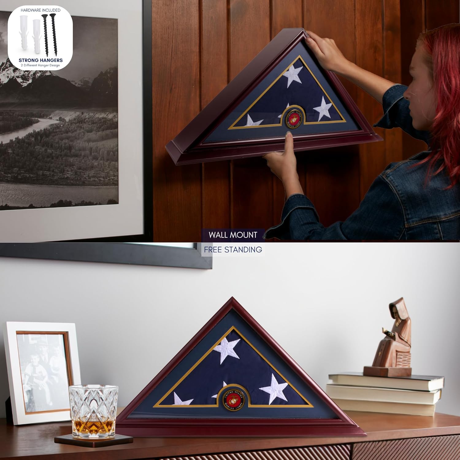 Burial Flag Display Case, Veteran Flag Display - Solid Wood Cherry Finish with UV-Protected Plexiglass and Optional Customizable Nameplate