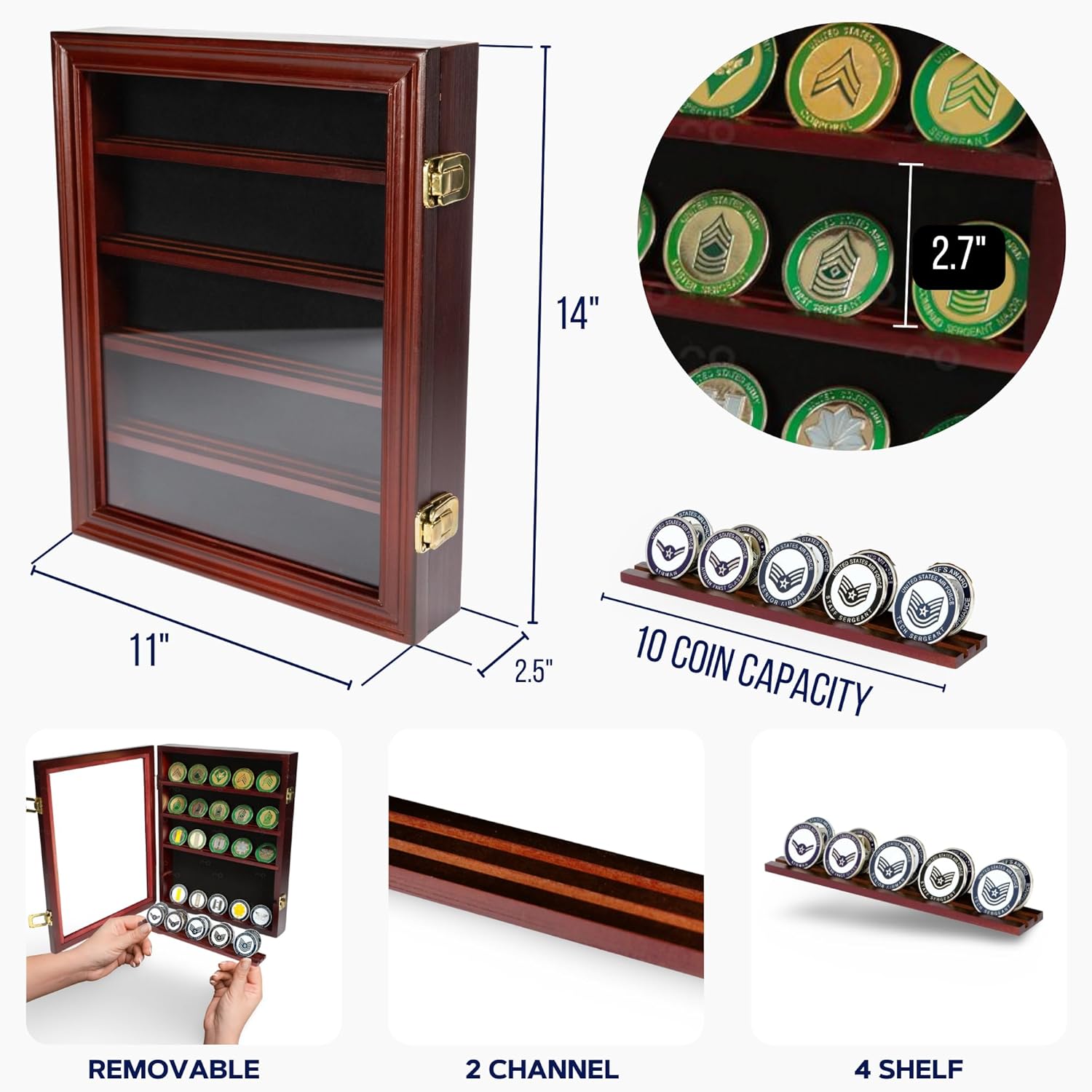 Challenge Coin Display Case | 14"x11" | Medal Display, Poker Chip Case, Rich Finish