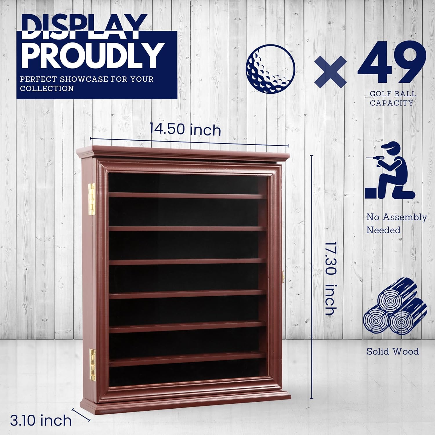 Solid Wood 49 Golf Ball Display Case Cabinet Wall Rack Holder with UV Protection and Lockable Door (Cherry Finish)