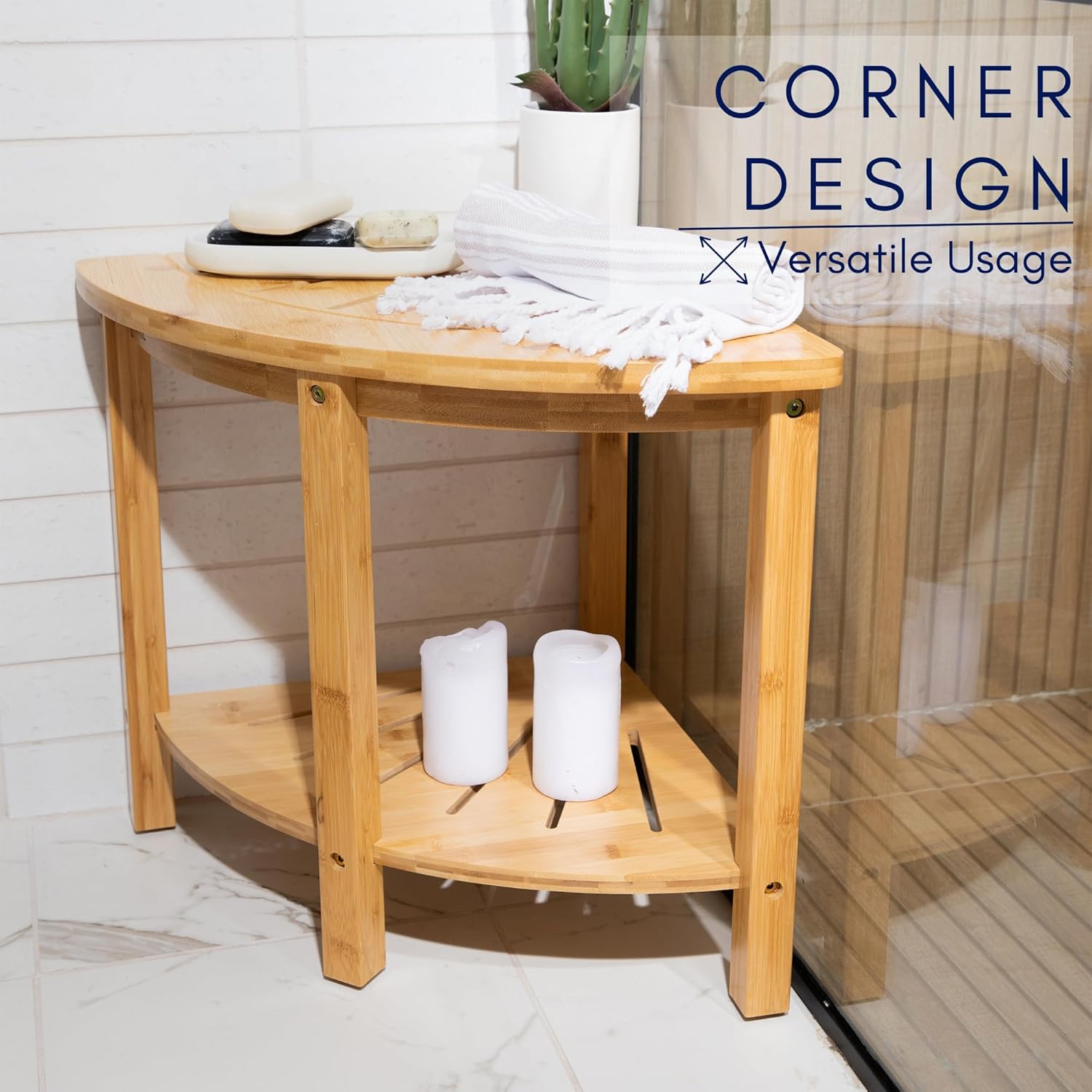 Bamboo Corner Shower Bench with Storage Shelf - Nonslip Feet & Waterproof Design