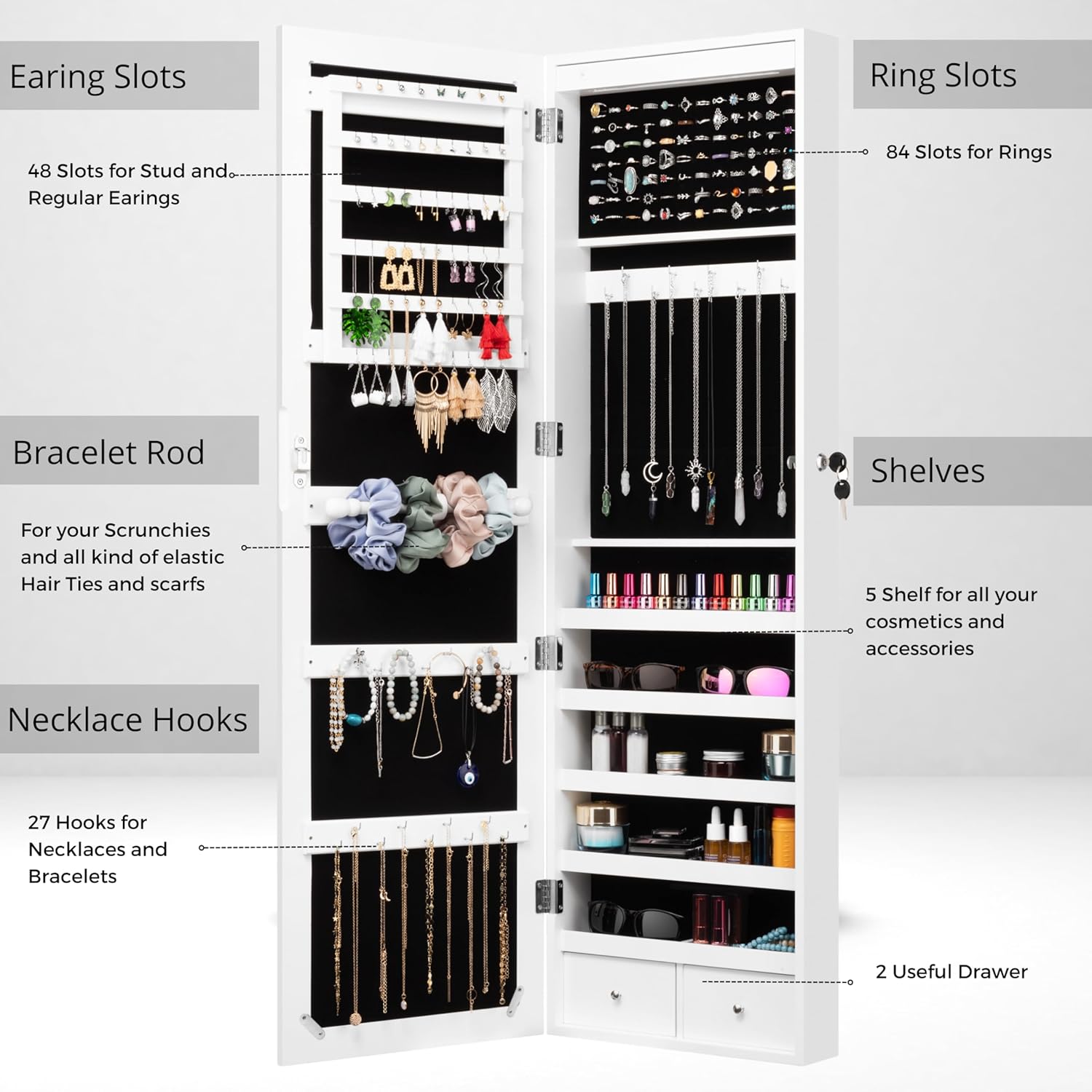 LED Light Jewelry Cabinet Armoire with Mirror - 57" Tall, Large Storage with Necklace & Ring Hooks | Modern Design, White