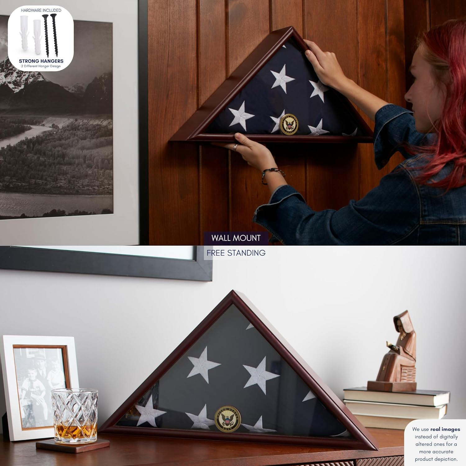 American Veteran Burial Flag Display Case with Flat Base and Armed Forces Emblems - Fits 5x9 Flag