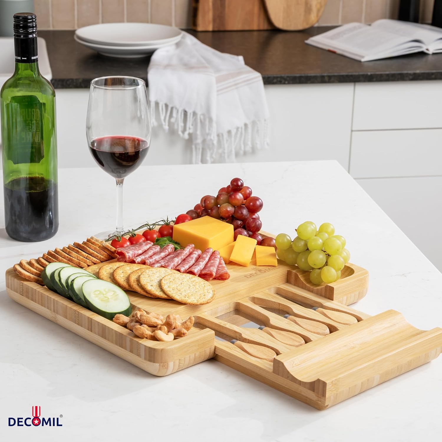 Bamboo Cheese Board and Knife Set - Charcuterie Board and Cutlery Set