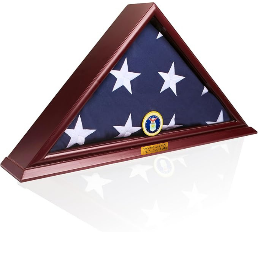 5'x9' Flag Display Case for American Veteran Burial Flag(Smallbase) - Solid Wood, Cherry Color- 4 Armed Forces Medal Options with A Custom Nameplate