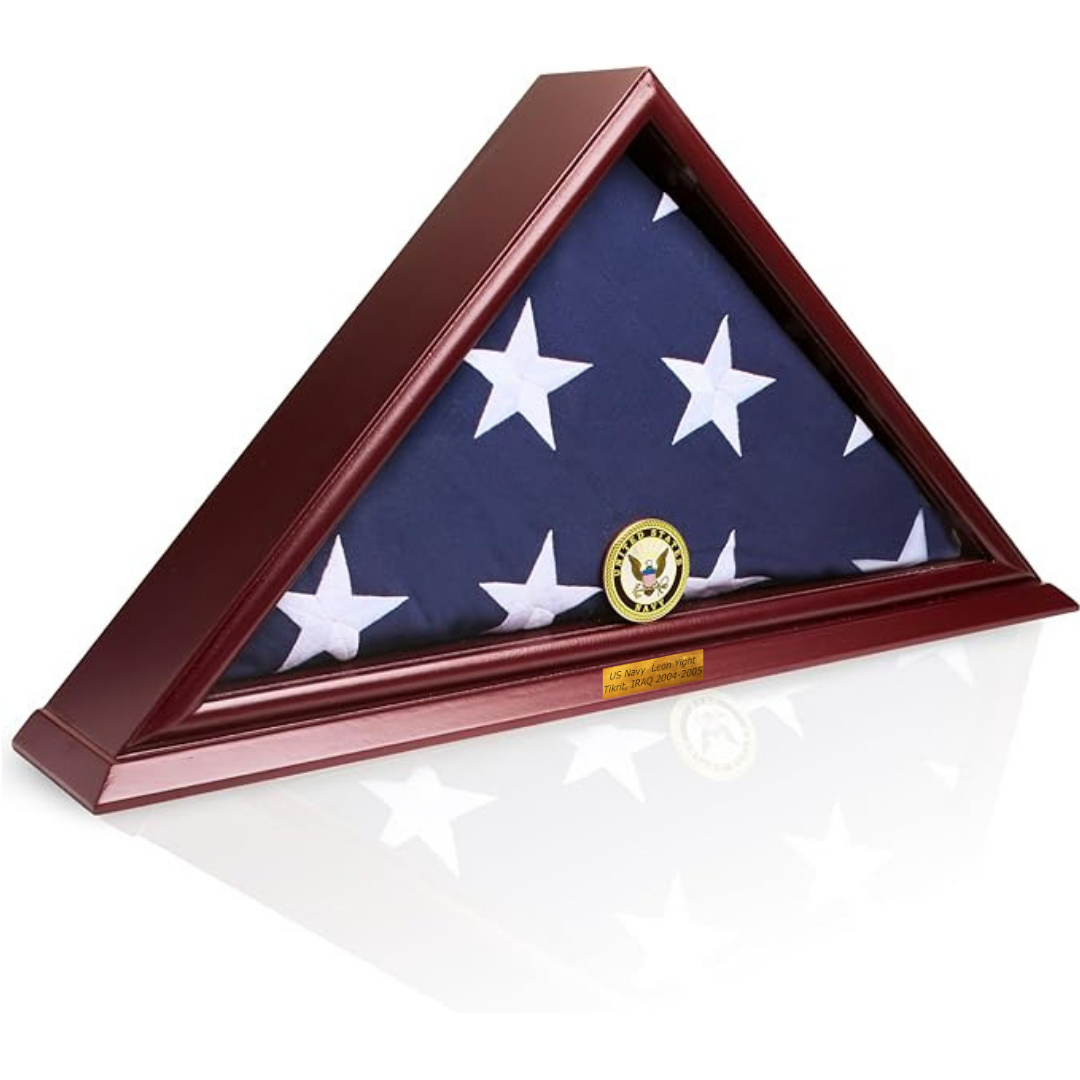 5'x9' Flag Display Case for American Veteran Burial Flag(Smallbase) - Solid Wood, Cherry Color- 4 Armed Forces Medal Options with A Custom Nameplate