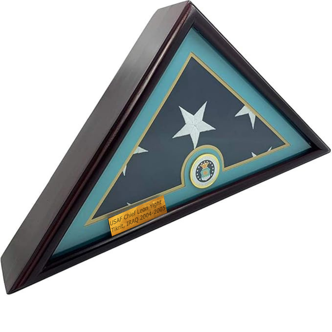 5x9 Flag Display Case Shadow Box Flat Base with Cherry Finish with Armed Forces Branch Emblems, with A Customized Name Plate