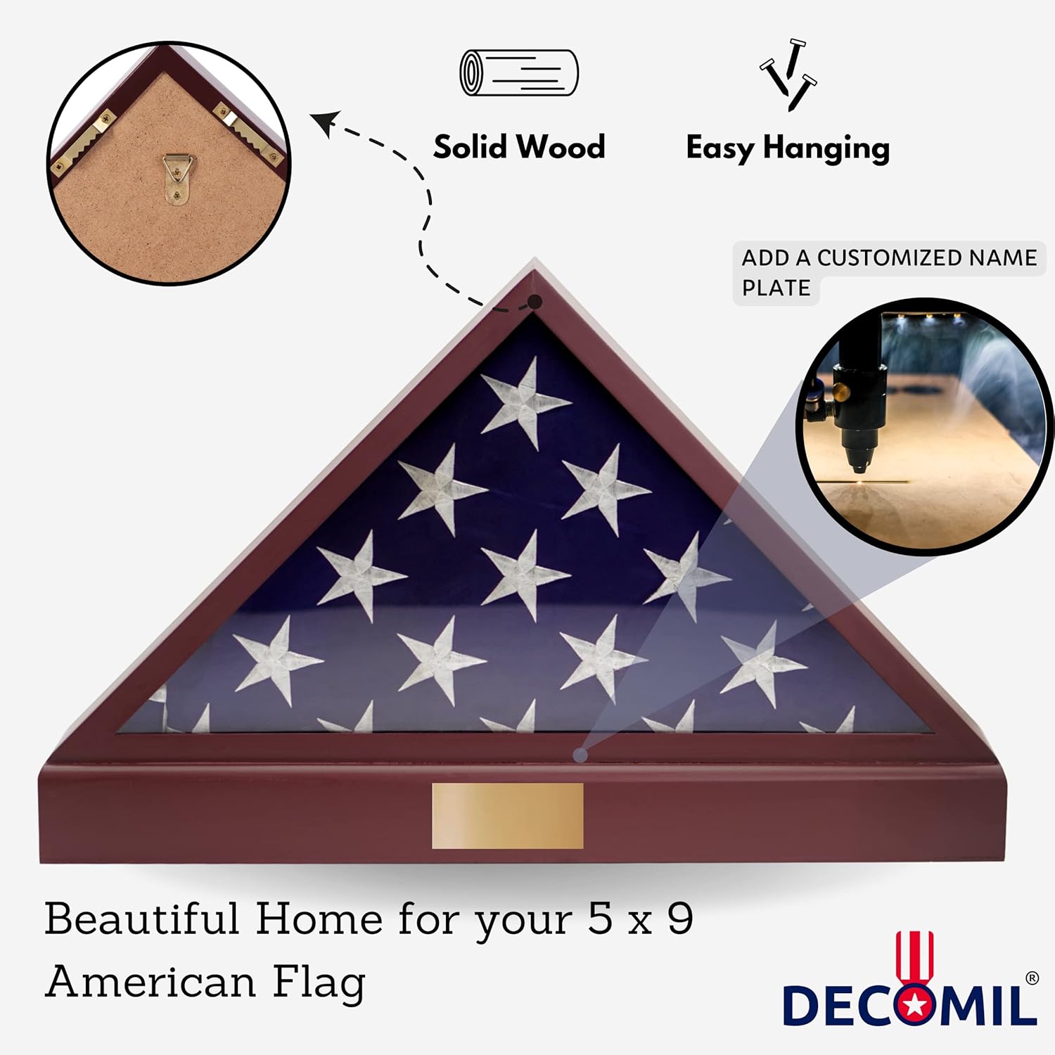 Personalized Burial Flag Display Case, 5x9 Flag Display Stand , Flag Case for Funeral Flag, Solid Wood Cherry Finish