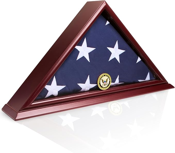 5'x9' Flag Display Case for American Veteran Burial Flag(Smallbase) - Solid Wood, Cherry Color- 4 Armed Forces Medal Options with A Custom Nameplate