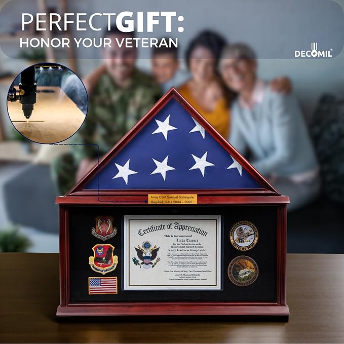 Large Military Shadow Box Frame Memorial Burial Funeral Flag Display Case for 5x9 Flag, Solid Wood with Customize Name Plate